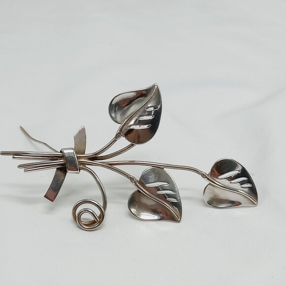 STERLING CORO sterling silver leaves brooch mid century - Picture 3 of 7